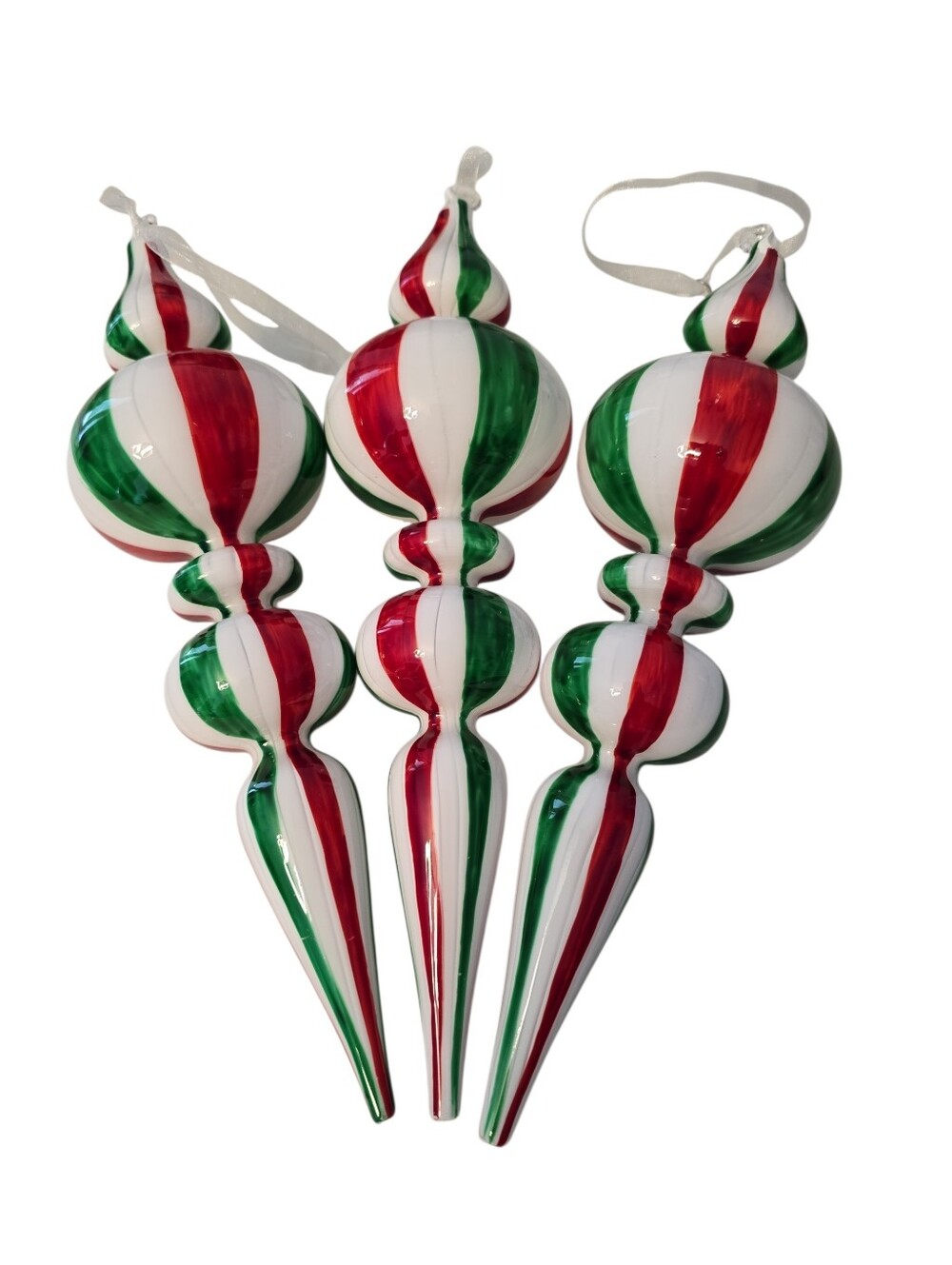 3 Glass Red White Green Finial Multi-Tiered Teardrop Striped Ornament